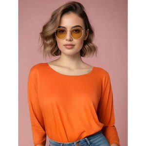 Lulu-B Women's Medium‎ Orange 3/4 Sleeve Blouse Casual Top